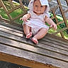 Clairissa is registered to the contest to win money with this photo: baby, child, infant, portrait, sitting, outdoor, garden, bench, wood, sunhat, dress, white_clothing, smiling, blue_eyes, barefoot, sunlight, greenery, lattice, stone_wall, happy