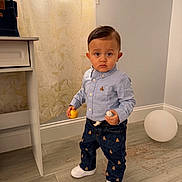 Kyliam is registered to the contest to win money with this photo: child, toddler, boy, standing, indoor, button_down_shirt, denim_jeans, white_shoes, toy_ball, balloon, curtain, flooring, expression, portrait, short_hair, hand, pocket, furniture, sneakers, toy