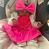 newborn, baby, infant, child, portrait, pink, bow, dress, flower, blanket, car_seat, sleeping, face, hands, feet, fashion, cute, cozy, indoor, photography