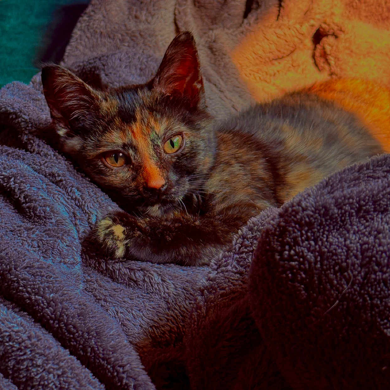 Mocha joined the competition — help win amazing prizes! cat, kitten, tortoiseshell, fur, animal, pet, cozy, blanket, soft, texture, resting, sleepy, curious, closeup, indoor, warm_light, cute, domestic_animal, relaxing, feline