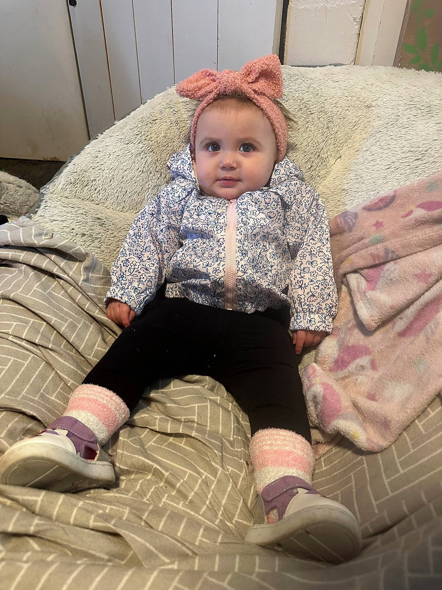 Sabrina joined the competition — help win amazing prizes! baby, baby_toddler_clothing, cheek, child, comfort, cool, face, flooring, foot, human_leg, knee, magenta, pattern, person, pink, purple, sleeve, textile, thigh, toddler