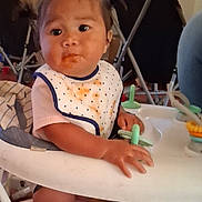 Kurakura joined the competition — help win amazing prizes! baby, bib, child, clothing, curious, expression, face, floor, food_stains, furniture, hands, home, indoor, legs, person, pigtails, seat, toy, walker, young_child