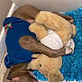 dog, sleeping, blue_shirt, stuffed_animal, plush_toy, floor, rug, corner, tile_floor, brown_dog, pet, cozy, resting, indoor, collar, canine, animal, cute, relaxed, companion