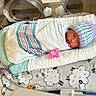 newborn, baby, infant, hospital, bassinet, swaddled, blanket, knitted_hat, pacifier, teddy_bear, sheep_pattern, nursery, medical_equipment, portrait, sleeping, face, cozy, indoors, photograph, family