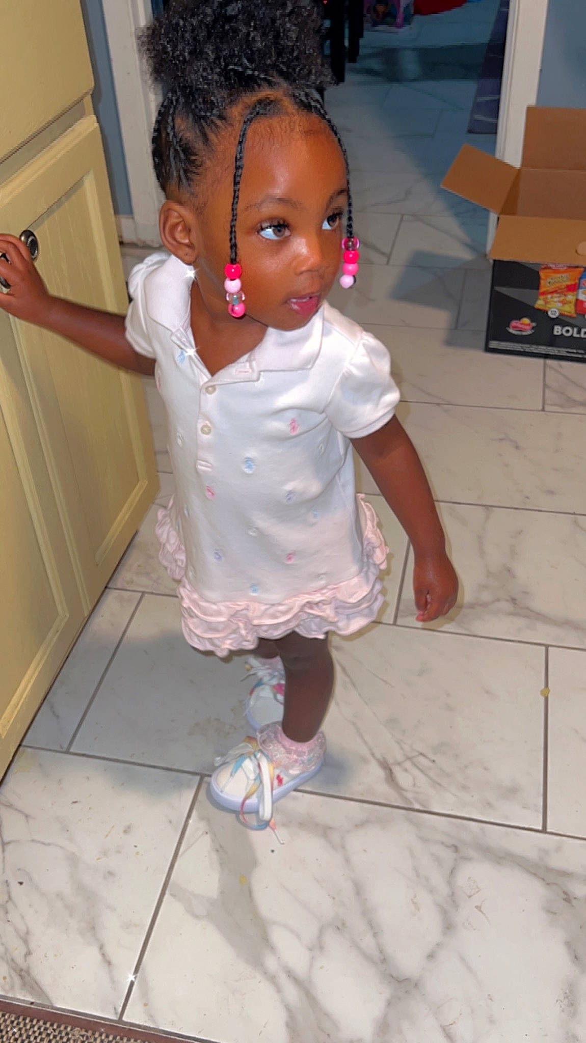 Jourdynn joined the competition — help win amazing prizes! baby_toddler_clothing, barefoot, cheek, child, fashion_design, flooring, foot, fun, happy, hardwood, human_leg, magenta, nose, person, pink, play, sandal, skin, thumb, toddler