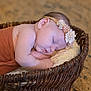 Romane participe au concours pour gagner de l'argent avec cette photo : baby, sleeping, basket, headband, flower, pillow, knitted, brown_cloth, peaceful, infant, resting, cozy, woven, texture, soft, cute, child, indoors, portrait, warm
