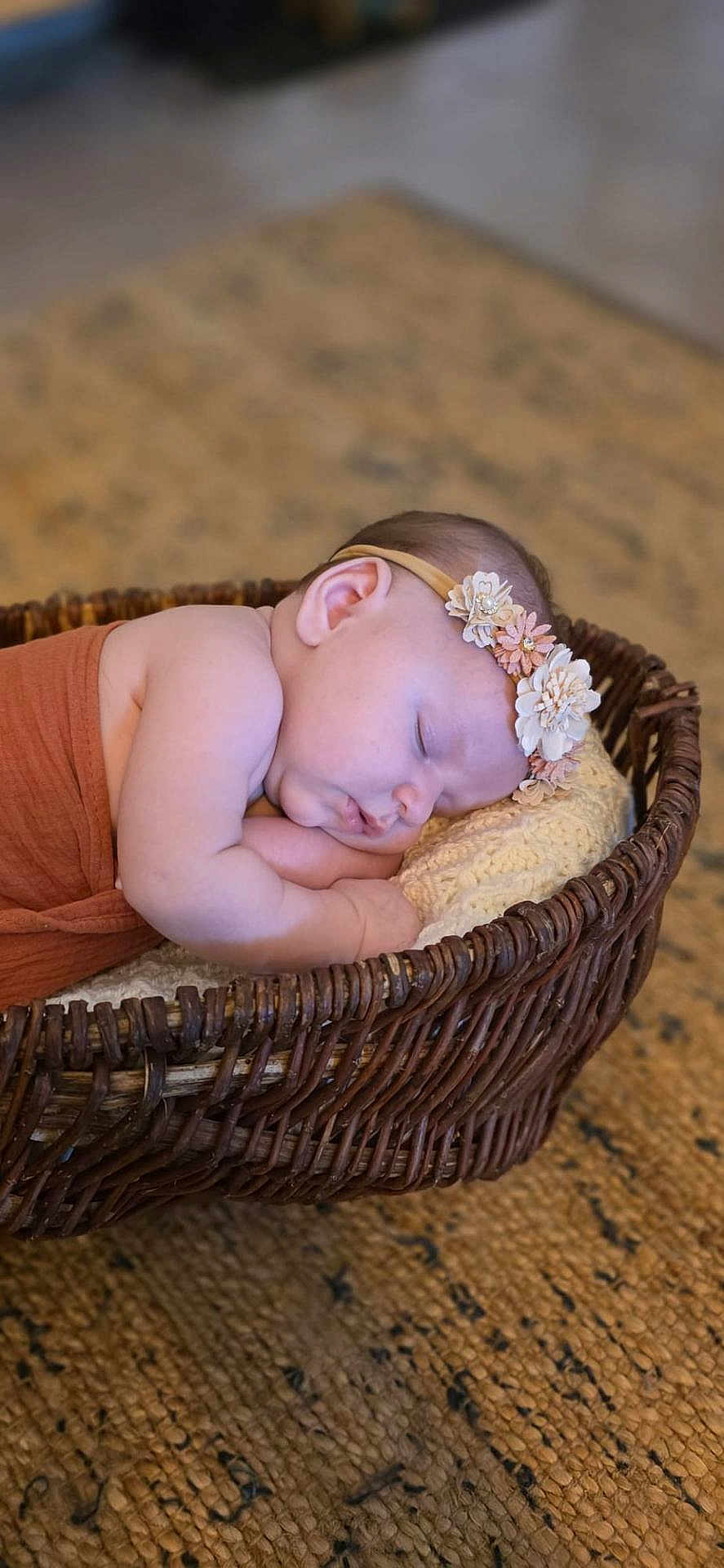 Romane participe au concours pour gagner de l'argent avec cette photo : baby, sleeping, basket, headband, flower, pillow, knitted, brown_cloth, peaceful, infant, resting, cozy, woven, texture, soft, cute, child, indoors, portrait, warm