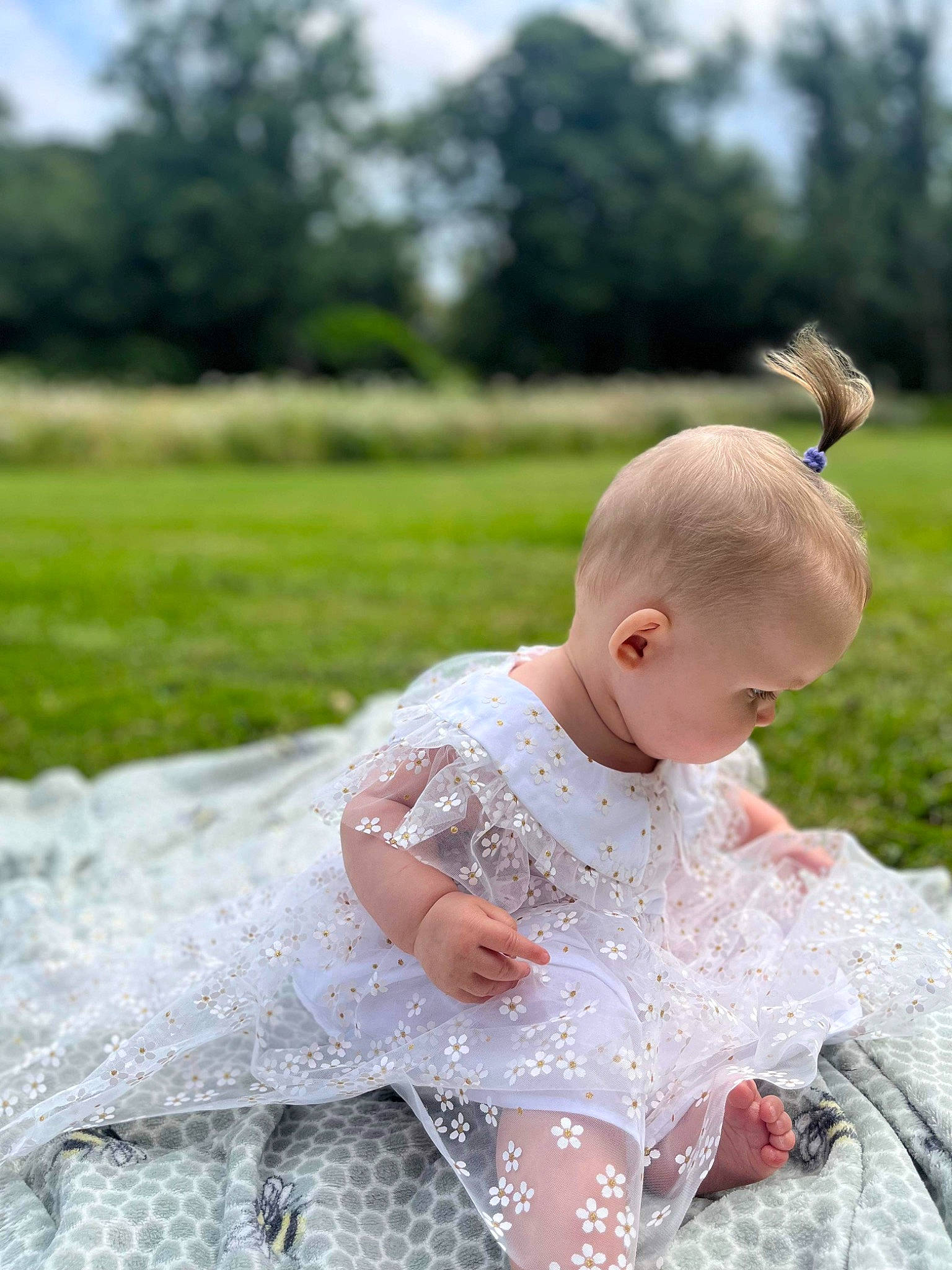 Aria-rose is registered to the contest to win money with this photo: baby, baby_toddler_clothing, child, dress, flash_photography, fun, grass, grassland, happy, headpiece, jewellery, meadow, pattern, people_in_nature, person, plant, sitting, sky, sleeve, toddler