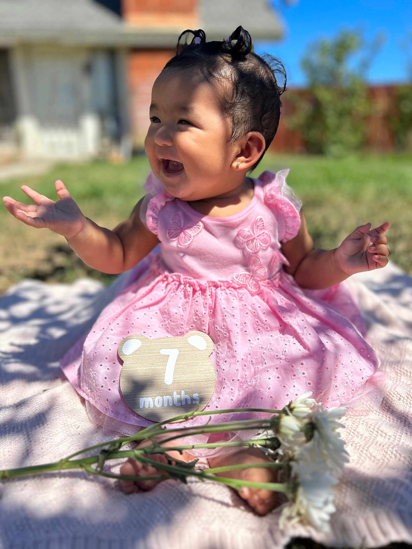 Abigail Ortuno is registered to the contest to win money with this photo: baby, child, pink_dress, outdoor, grass, flower, blanket, smiling, portrait, celebration, milestone, cute, sunlight, garden, sitting, happy, person, infant, nature, daytime