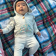 Abigail Ortuno is registered to the contest to win money with this photo: baby, infant, hoodie, blanket, plaid, outdoor, grass, clothing, cute, child, person, sock, portrait, sitting, expression, young, casual, warm, daylight, hand