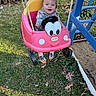 toddler, child, swing, playground, outdoor, grass, toy_car, blue_eyes, smiling, plaid_shirt, footwear, rope, wood, leaves, play_structure, sunlight, grass_patch, happy, person, daylight