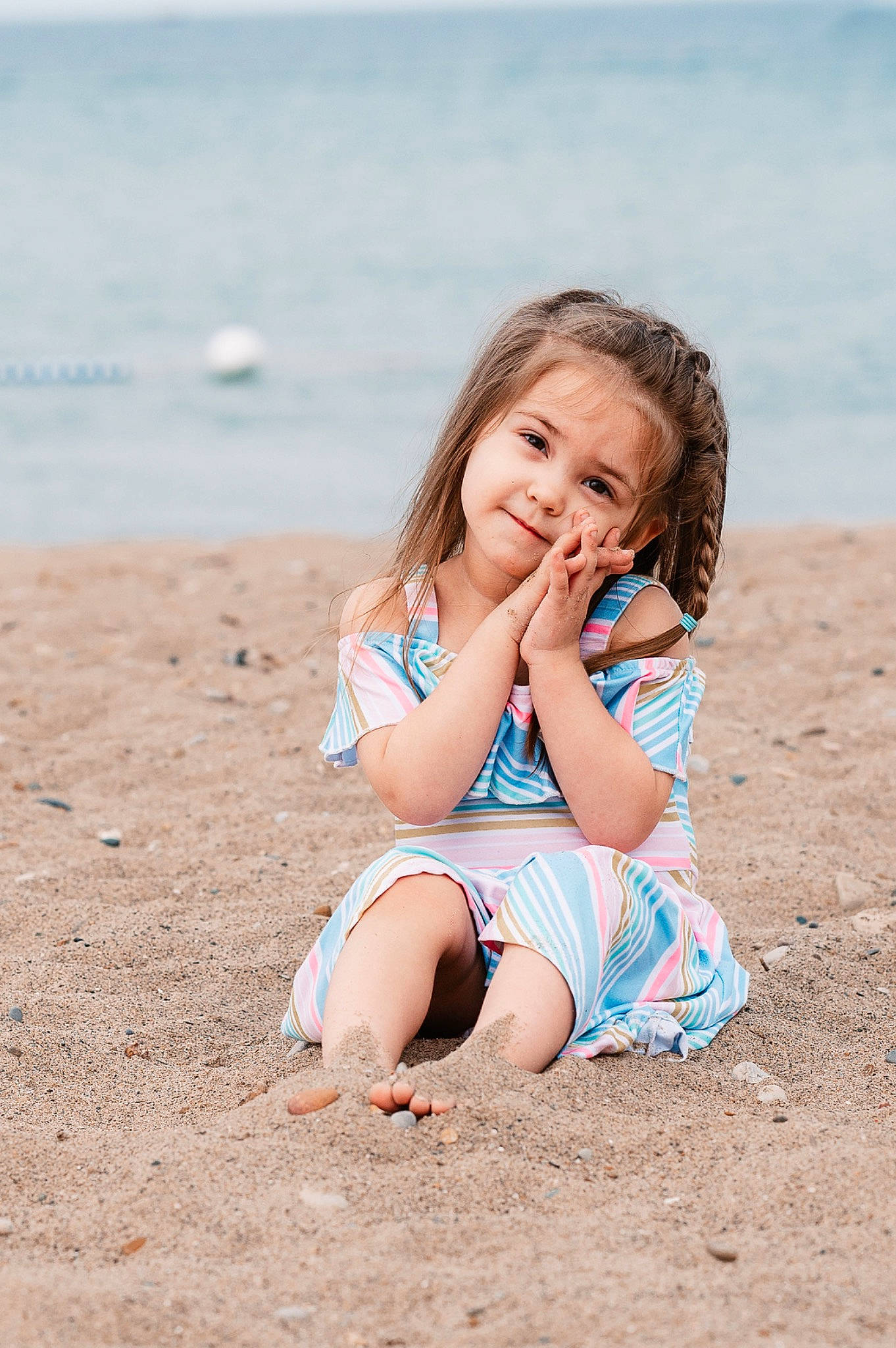 Annabelle joined the competition — help win amazing prizes! azure, beach, eye, face, flash_photography, fun, hair, happy, head, leisure, long_hair, people_in_nature, person, sand, skin, smile, summer, thigh, toddler, water