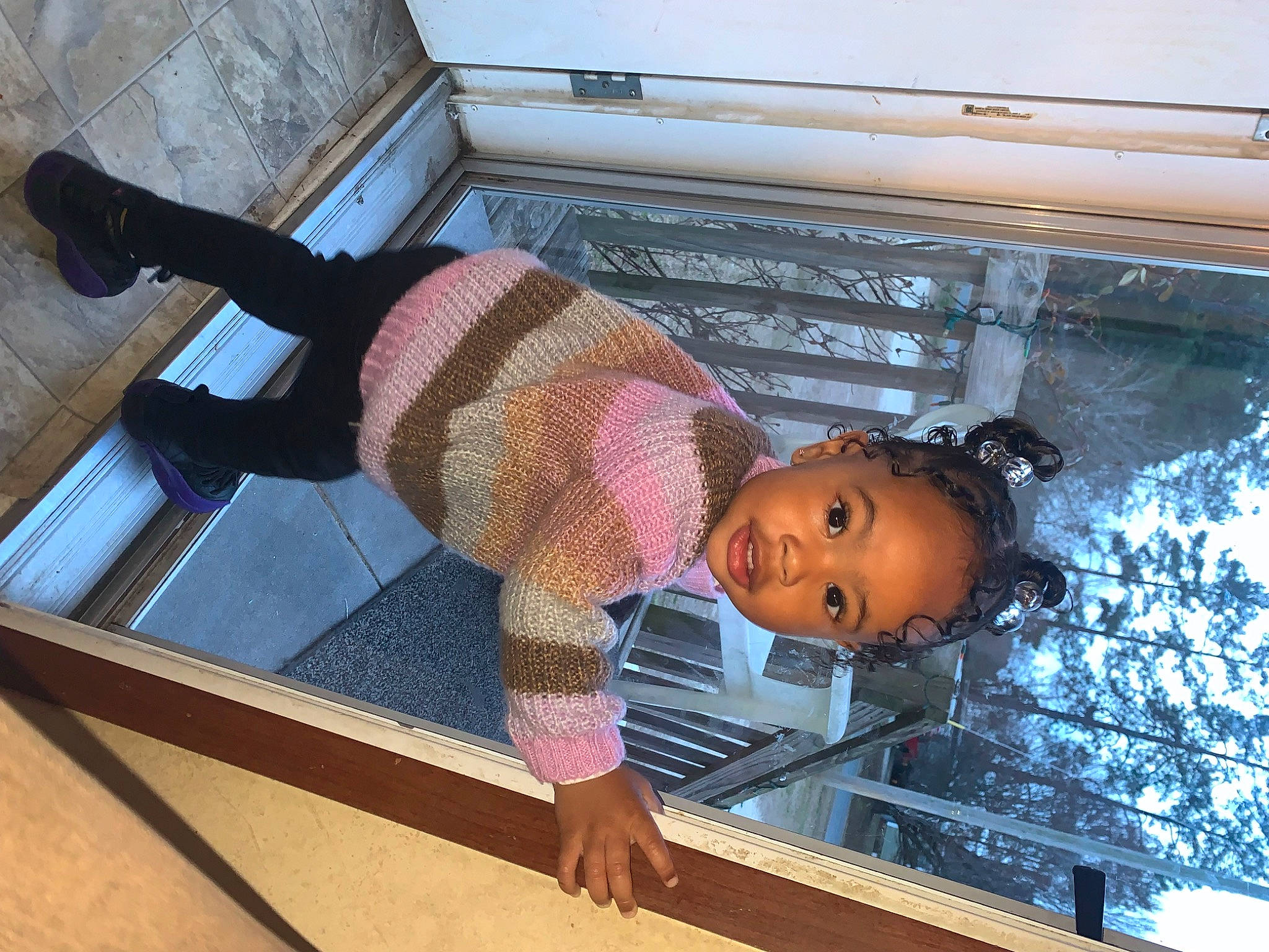 Alayah joined the competition — help win amazing prizes! comfort, elbow, flooring, foot, fun, hardwood, hat, human_leg, knee, leisure, pattern, person, smile, thigh, toddler, wood, wrist