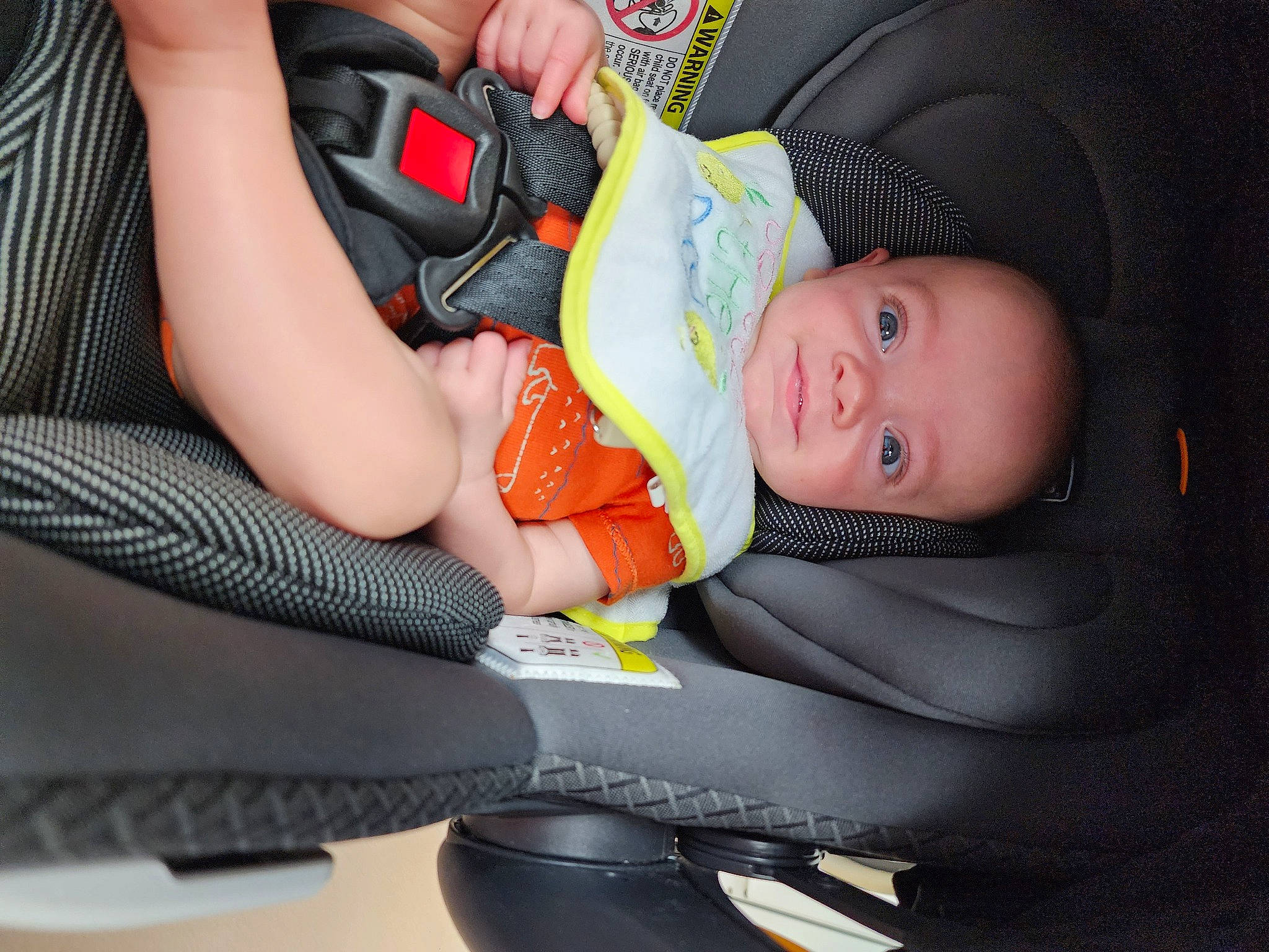Garrett is registered to the contest to win money with this photo: auto_part, baby, baby_carriage, baby_in_car_seat, baby_products, baby_safety, baby_toddler_clothing, car_seat, car_seat_cover, child, comfort, human_leg, knee, lap, nail, person, seat_belt, service, sitting, thigh
