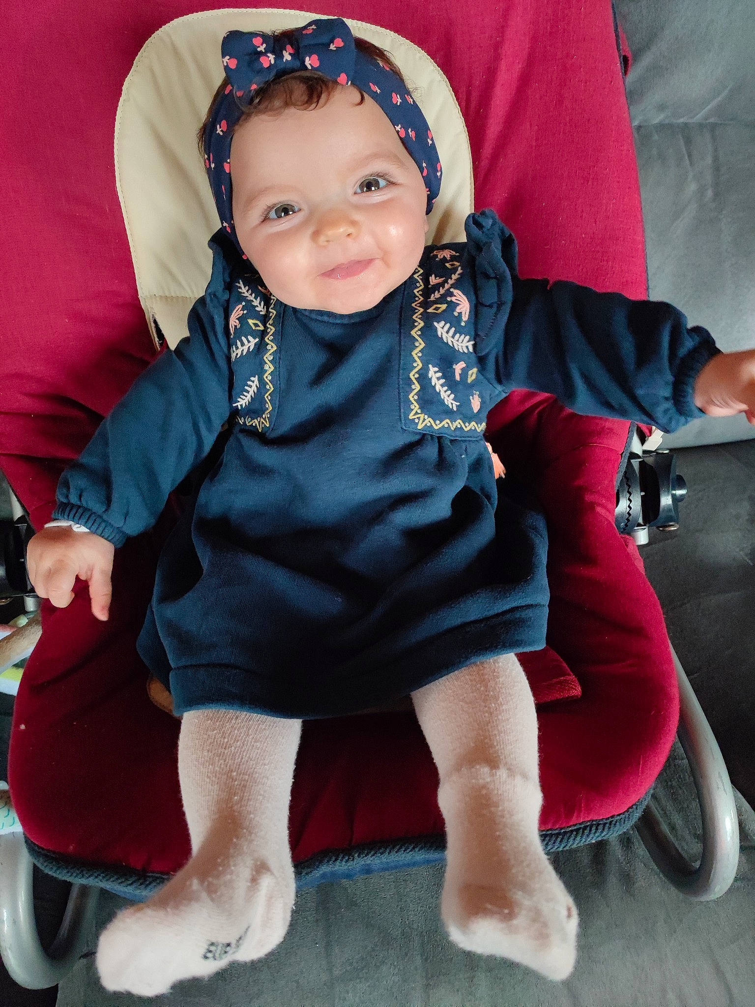 Anna participe au concours pour gagner de l'argent avec cette photo : baby, baby_carriage, baby_products, baby_toddler_clothing, child, costume_hat, electric_blue, eye, happy, head, headwear, lap, magenta, person, pink, sitting, skin, sleeve, smile, sock