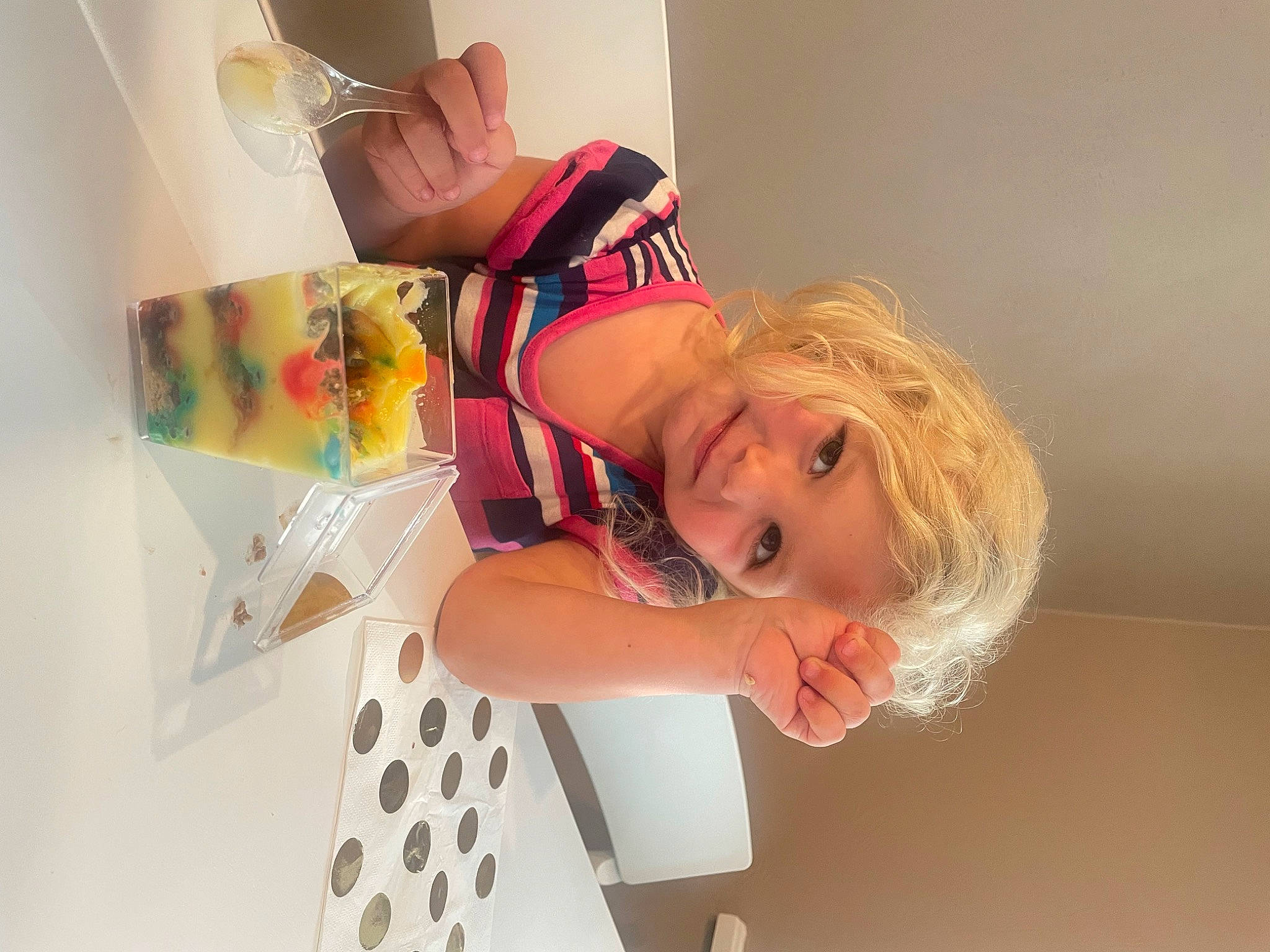 Audrey is registered to the contest to win money with this photo: art, ceiling, child, eyelash, fashion_design, fun, happy, human_leg, joy, magenta, pattern, person, room, smile, thigh, toddler, visual_arts