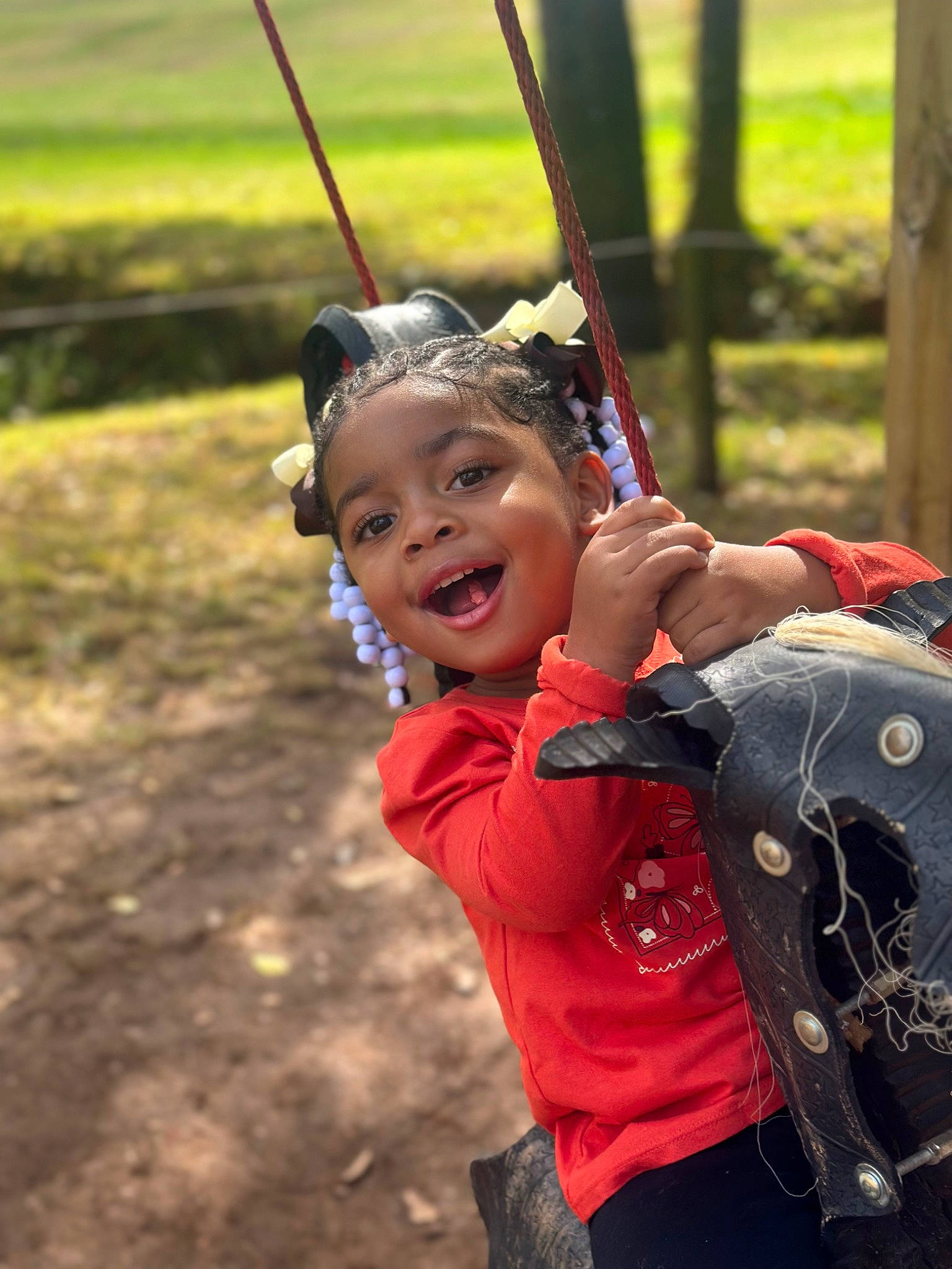 Denim is registered to the contest to win money with this photo: adventure, belt, child, city, fun, grass, grassland, happy, joy, landscape, leisure, outdoor_play_equipment, people_in_nature, person, playground, recreation, smile, soil, swing, toddler