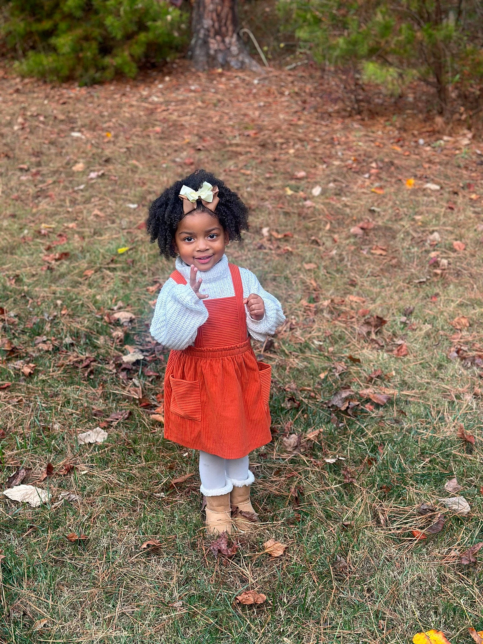 Denim is registered to the contest to win money with this photo: autumn, bangs, child, fur, garden, grass, groundcover, happy, headwear, joy, natural_landscape, pattern, people_in_nature, person, plant, smile, soil, toddler, tree, walking