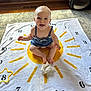 baby, blanket, blue_dress, child, clothing, cute, floor, happy, indoors, infant, milestone_blanket, natural_light, numbers, person, playful, sitting, smiling, white, wooden_floor, yellow