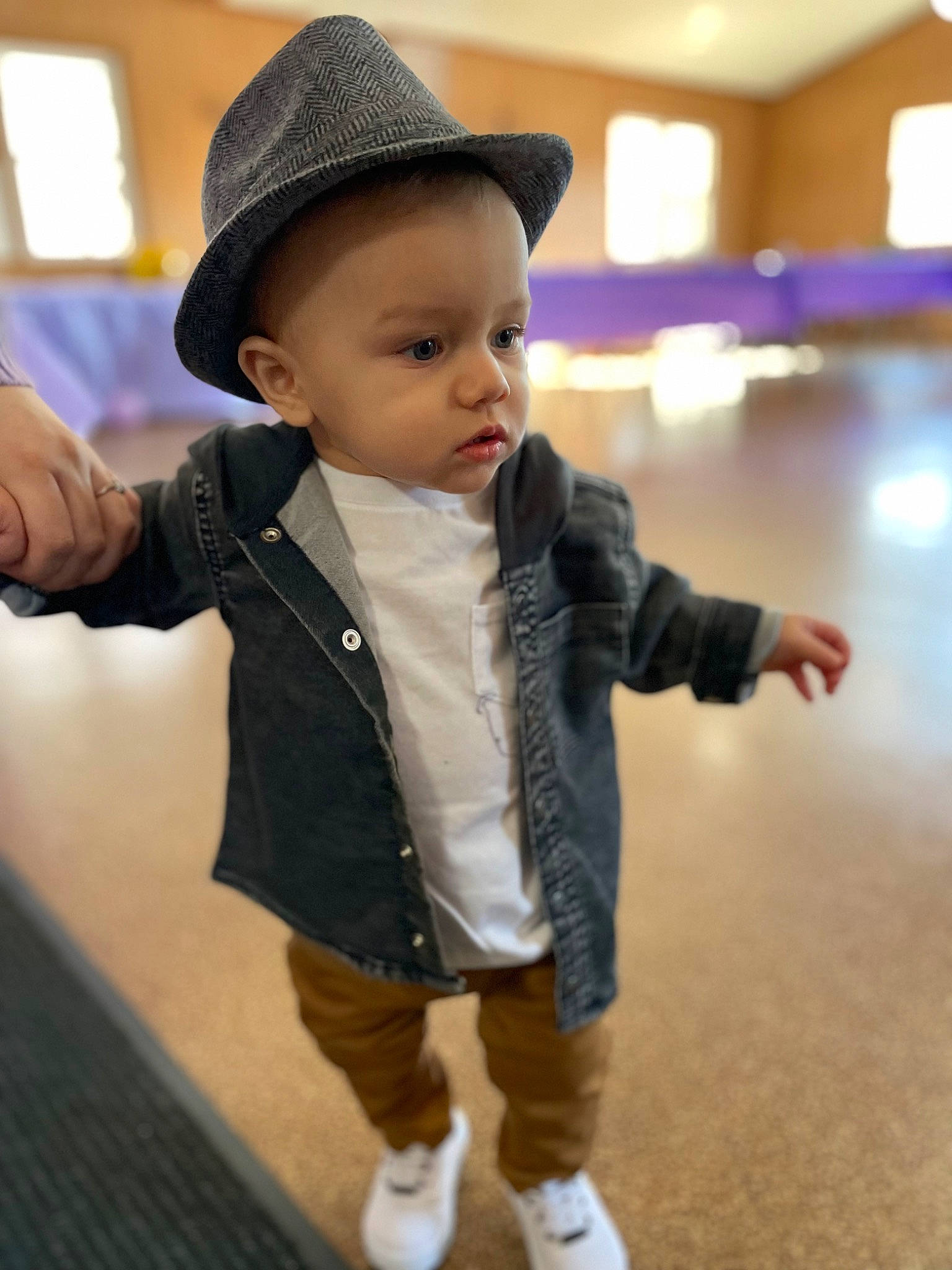Jojo is registered to the contest to win money with this photo: baby, baby_toddler_clothing, cap, cheek, child, collar, dress_shirt, fashion_accessory, flooring, formal_wear, fun, gesture, happy, hat, nose, person, sitting, skin, sleeve, sun_hat