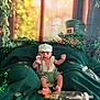 Xyleek is registered to the contest to win money with this photo: baby, infant, green_clothing, hat, coins, bottle, blanket, window, decorative_plants, leprechaun_theme, indoors, cute, playful, portrait, child, small, sitting, props, festive, costume