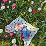 baby, blanket, bee_pattern, tulip, flower, garden, grass, greenery, outdoor, nature, infant, child, sunlight, plants, spring, colorful, cute, lying_down, peaceful, portrait