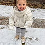 Rose participe au concours pour gagner de l'argent avec cette photo : child, girl, snow, winter_clothing, white_jacket, scarf, pigtails, boots, outdoor, brick_wall, leaves, snowy_ground, smiling, standing, winter, gloves, happy, playful, person, young