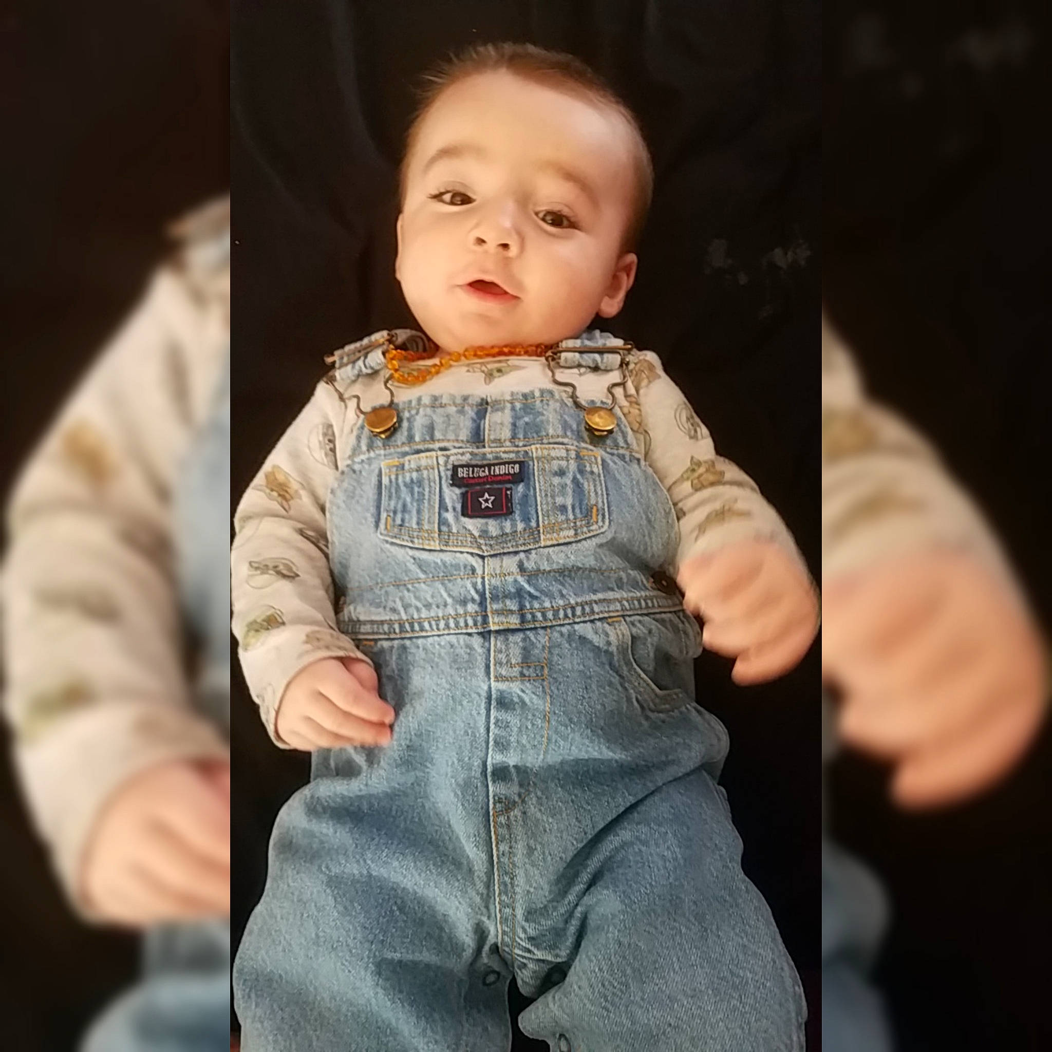 Maverick is registered to the contest to win money with this photo: baby, baby_toddler_clothing, collar, dress_shirt, eye, finger, flash_photography, gesture, hair, happy, head, human_body, jeans, neck, person, shoulder, skin, sleeve, toddler, trunk