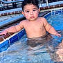 child, toddler, pool, water, swimming_pool, brick, tile, handrail, wet, cute, chubby_cheeks, portrait, sitting, outdoor, fence, metal_rail, serious_face, arm, skin, bath