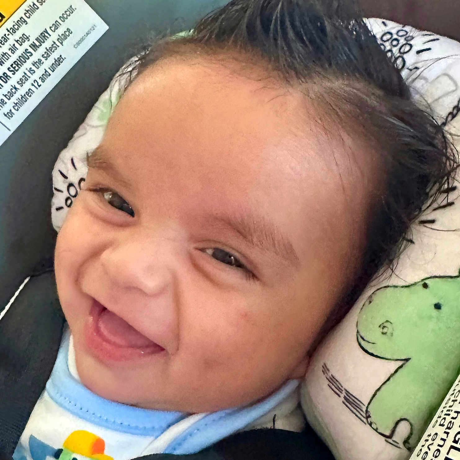 Luka joined the competition — help win amazing prizes! baby, car_seat, child, close_up, clothing, cushion, cute, dinosaur_print, face, hair, happy, head, indoor, infant, portrait, safety_warning, seat, seat_belt, smiling, toddler