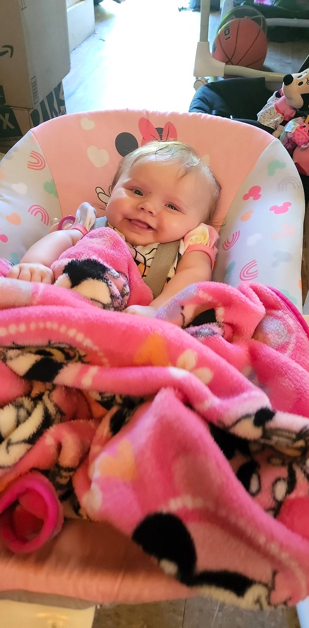 Rosalie is registered to the contest to win money with this photo: baby, baby_carriage, baby_products, baby_safety, baby_toddler_clothing, cheek, child, comfort, event, finger, fun, happy, joy, linens, magenta, mouth, person, pink, skin, smile