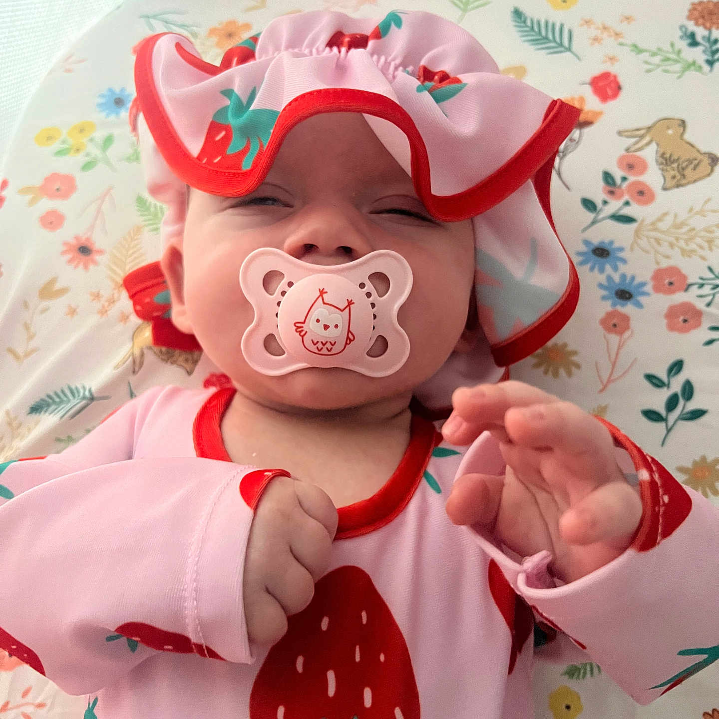 Hazel joined the competition — help win amazing prizes! applique, baby, bed, bodypart, bonnet, cap, clothing, cushion, dress, face, finger, furniture, hand, hat, head, homedecor, pattern, person, photography, portrait
