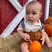 Weston joined the competition — help win amazing prizes! baby, pumpkin, hay, barn_door, outdoor, child, fall, autumn, cute, sitting, orange, clothing, person, seasonal, harvest, nature, decor, small_pumpkin, cute_outfit, rustic