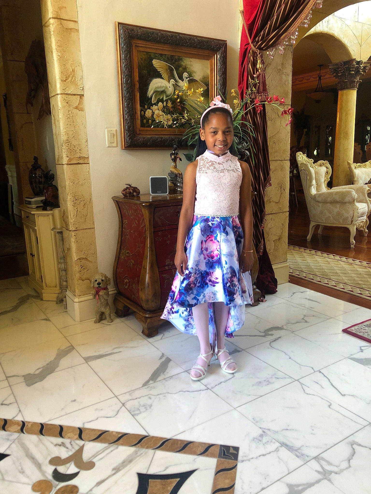 Monye is registered to the contest to win money with this photo: child, dress, fashion, fashion_design, fawn, floor, flooring, joy, person, room, shoulder, temple, vacation, waist