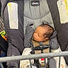 Maverick joined the competition — help win amazing prizes! newborn, baby, infant, sleeping, shopping_cart, car_seat, safety_harness, stripes, blanket, clothing, portrait, indoors, store, gray, brown_hair, face, head, seated, baby_gear, photograph