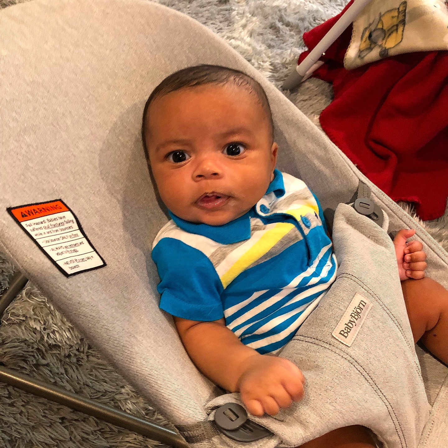 Maverick is registered to the contest to win money with this photo: baby, infant, child, portrait, sitting, baby_seat, babybjorn, wide_eyed, looking_at_camera, indoor, cozy, gray_fabric, colorful_clothing, blue_shirt, striped_clothing, fluffy_rug, home, furniture, close_up, safe