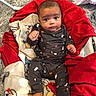 baby, infant, child, portrait, sitting, blanket, red_blanket, pajamas, sleepwear, dark_clothing, bare_feet, indoors, cozy, carpet, rug, chair, bedding, wide_eyes, looking_at_camera, cute