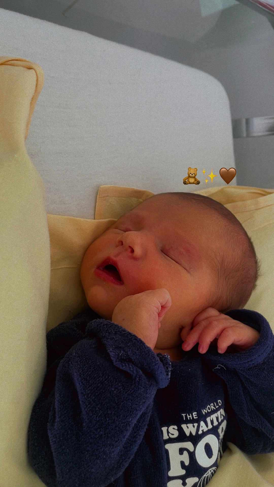 Nylo participe au concours pour gagner de l'argent avec cette photo : baby, newborn, sleeping, infant, face, head, hand, onesie, clothing, pillow, blanket, cushion, sofa, indoor, portrait, closeup, peaceful, emoji, teddy_bear_emoji, heart_emoji