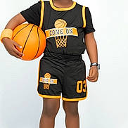 Mike is registered to the contest to win money with this photo: child, boy, basketball, basketball_uniform, headband, wristband, sneakers, socks, shorts, jersey, watch, standing, portrait, studio_shot, white_background, orange_black, sportswear, ball, shoes, serious_expression