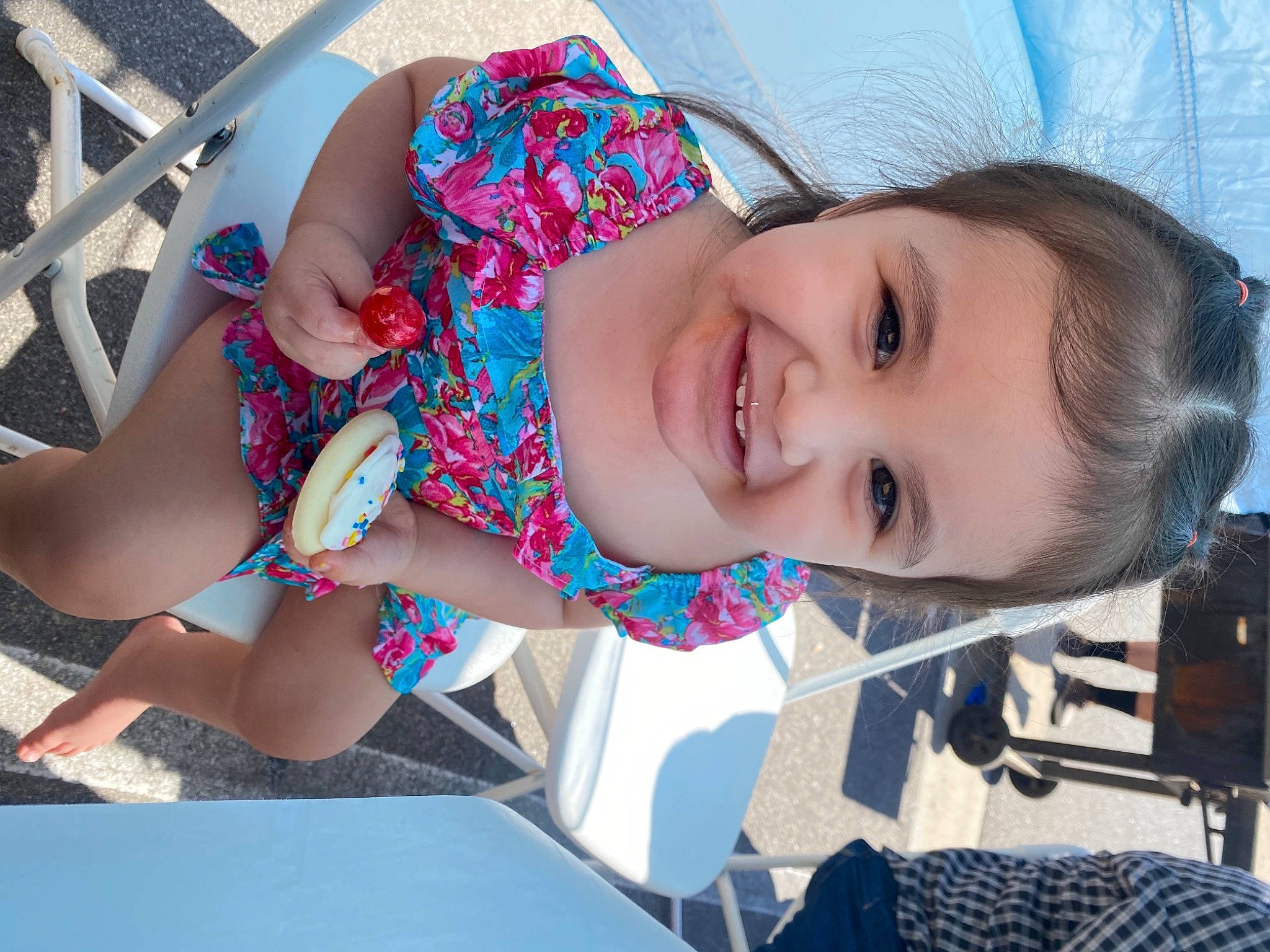 Delilah is registered to the contest to win money with this photo: baby_toddler_clothing, beauty, child, electric_blue, facial_expression, fun, happy, hat, human_leg, joy, leisure, lip, mouth, person, pink, skin, smile, summer, thigh, toddler