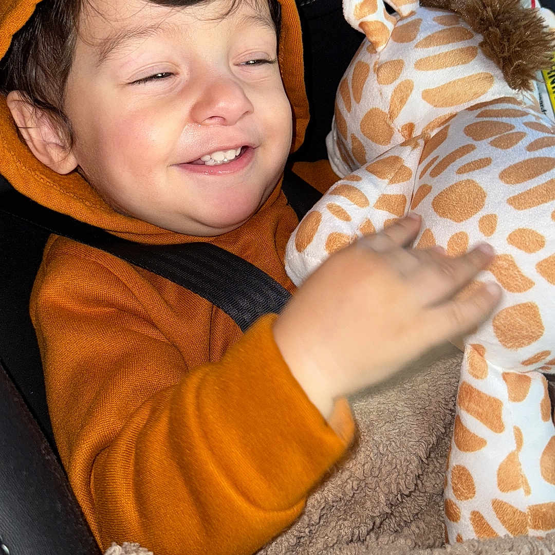 Noah Tavares is registered to the contest to win money with this photo: baby, blanket, car_seat, child, cozy, cute, fuzzy_blanket, giraffe, hand, happy, hoodie, indoor, orange_clothing, plush_toy, portrait, seatbelt, smile, toddler, warm_clothing, young_child