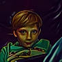 child, boy, blanket, indoor, device, tablet, seated, face, portrait, light, hair, clothing, relaxing, dark_background, couch, home, young, technology, casual, resting