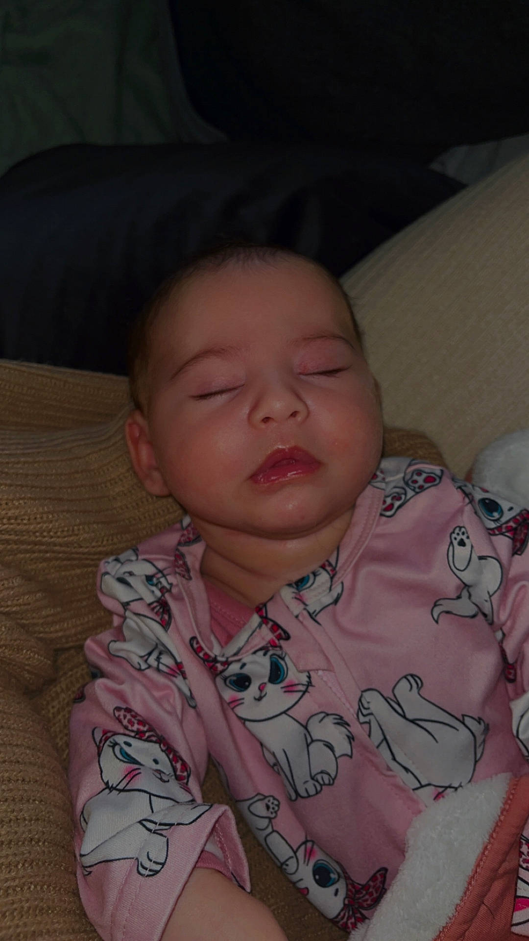 baby, blanket, cat_print, child, closed_eyes, comfort, cozy, cute, face, indoor, infant, knit_blanket, pajamas, person, pink, portrait, resting, sleeping, soft_lighting, young_child