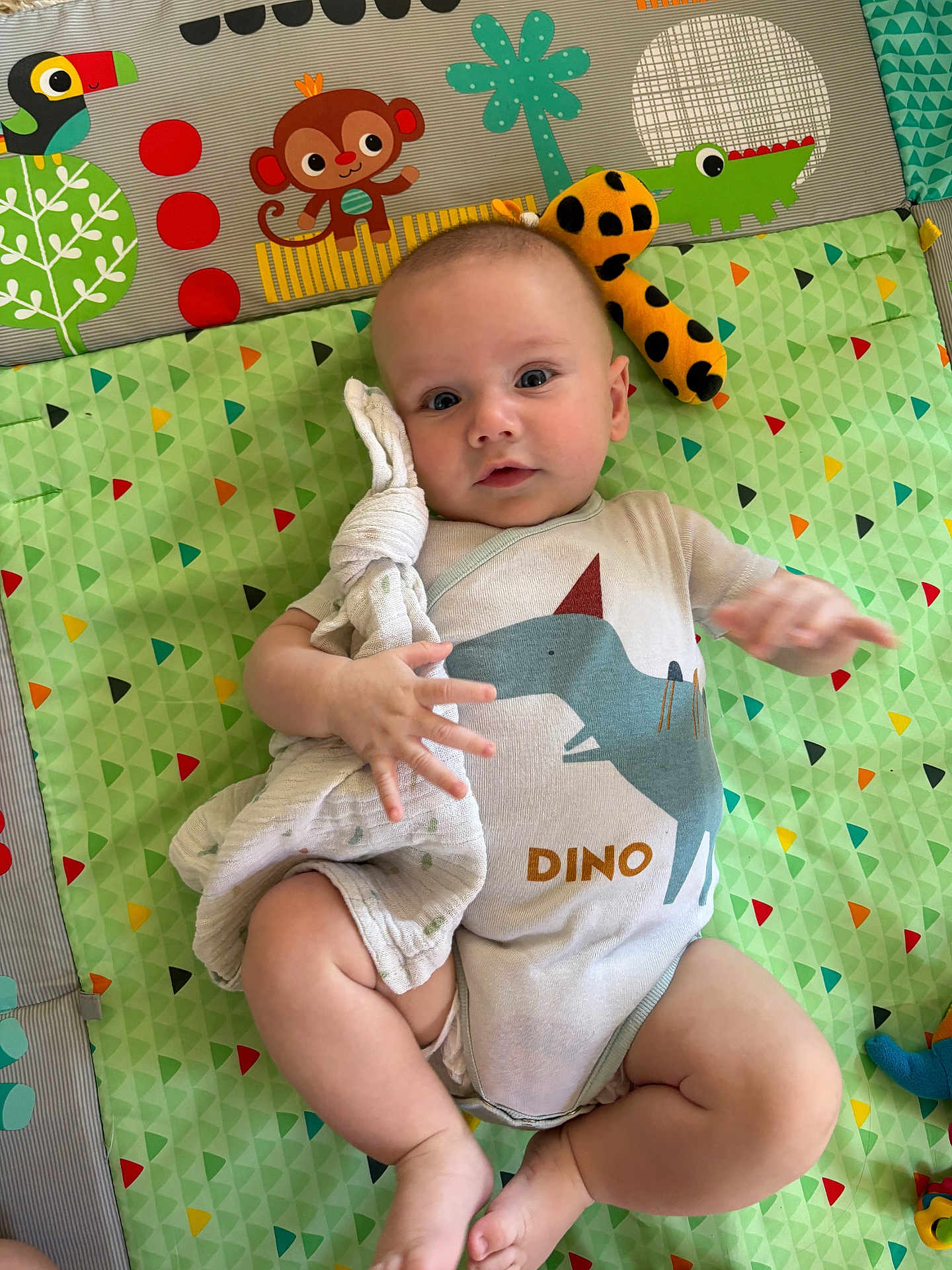 Axel a rejoint le concours — aidez-le/la à gagner de superbes lots ! baby, infant, dinosaur_onesie, play_mat, toy, soft_toy, animal_illustrations, curious, lying_down, child, cute, colorful, fabric, clothing, hand, foot, face, indoors, comfort, playtime