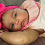 Catalina joined the competition — help win amazing prizes! arm, baby, blanket, bow, child, closeup, clothing, cute, eyes, face, headband, indoors, infant, laying, newborn, pink, portrait, resting, skin, soft