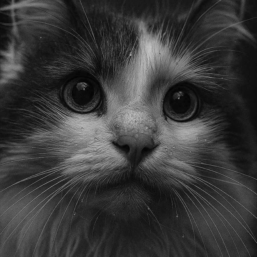 Snowbell participe au concours pour gagner de l'argent avec cette photo : animal, black_and_white, cat, close_up, cute, detailed, ears, eyes, face, feline, fur, macro, mustache, muzzle, nose, pet, portrait, soft, water_droplets, whiskers