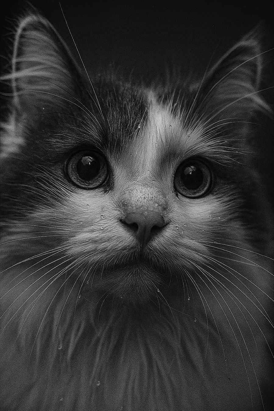 Snowbell participe au concours pour gagner de l'argent avec cette photo : animal, black_and_white, cat, close_up, cute, detailed, ears, eyes, face, feline, fur, macro, mustache, muzzle, nose, pet, portrait, soft, water_droplets, whiskers