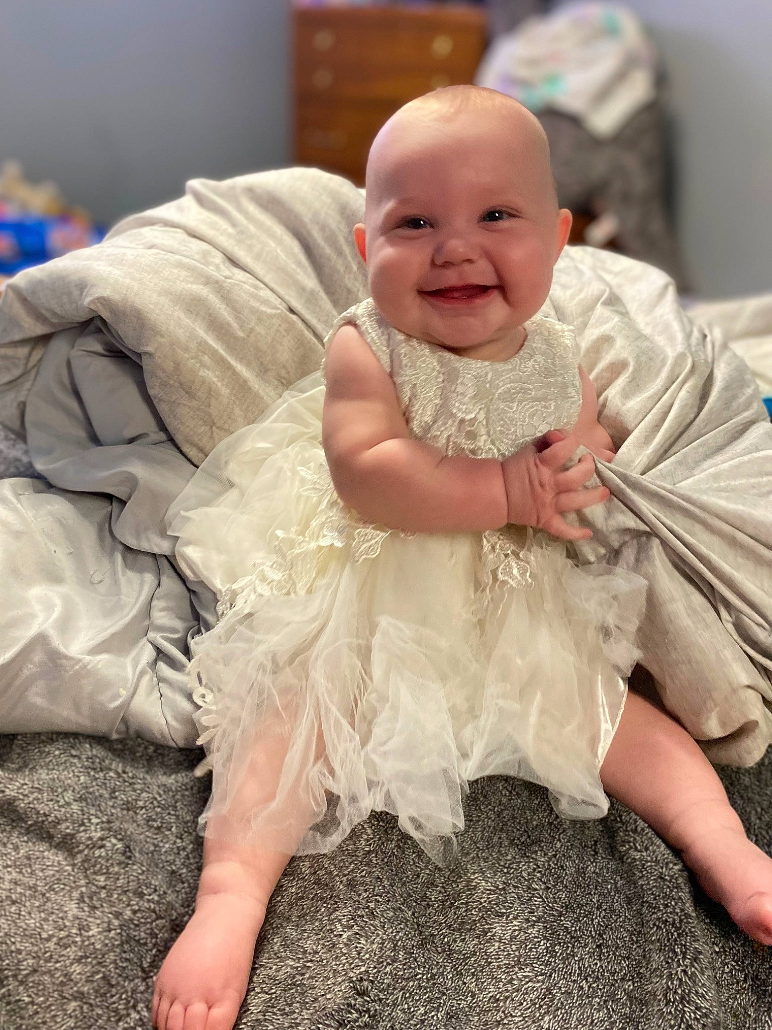 Averie joined the competition — help win amazing prizes! baby, baby_toddler_clothing, child, comfort, dress, event, face, flash_photography, flooring, fun, gesture, grass, happy, iris, joy, laugh, pattern, person, sitting, sleeve