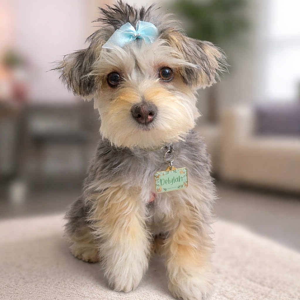 Delylah is registered to the contest to win money with this photo: puppy, dog, bow, blue_bow, cute, fluffy, pet, indoor, carpet, living_room, furniture, blurred_background, soft_lighting, adorable, small_dog, sitting, collar, name_tag, animal, domestic_animal