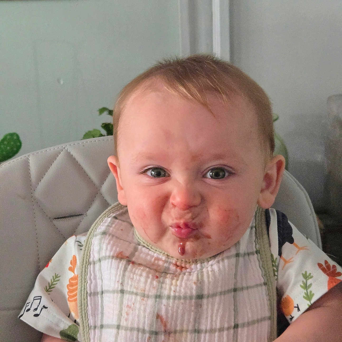 Oliver is registered to the contest to win money with this photo: baby, bib, food, messy_face, high_chair, expression, indoor, child, clothing, face, person, cute, infant, smile, funny_face, table, green_plant, background, skin, hair